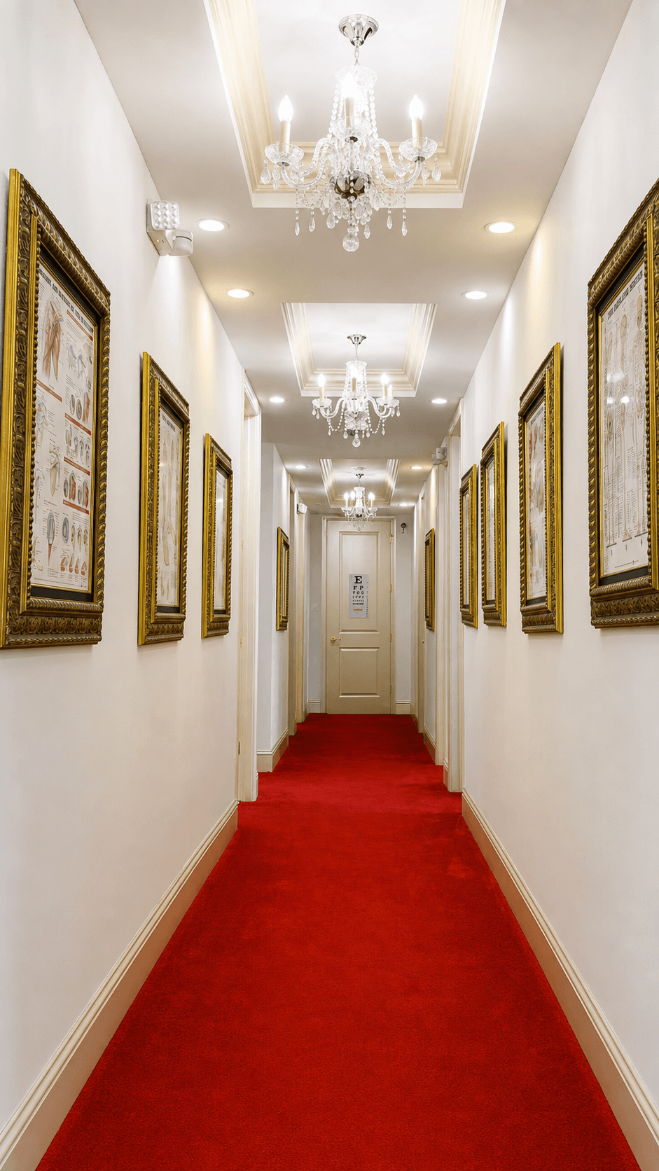 The clinic hallway with framed anatomy artwork and red carpet
